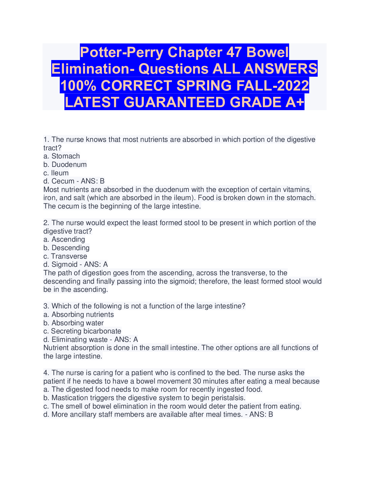 Preview of Potter-Perry Chapter 47 Bowel Elimination- Questions ALL ANSWERS 100% CORRECT SPRING FALL-
